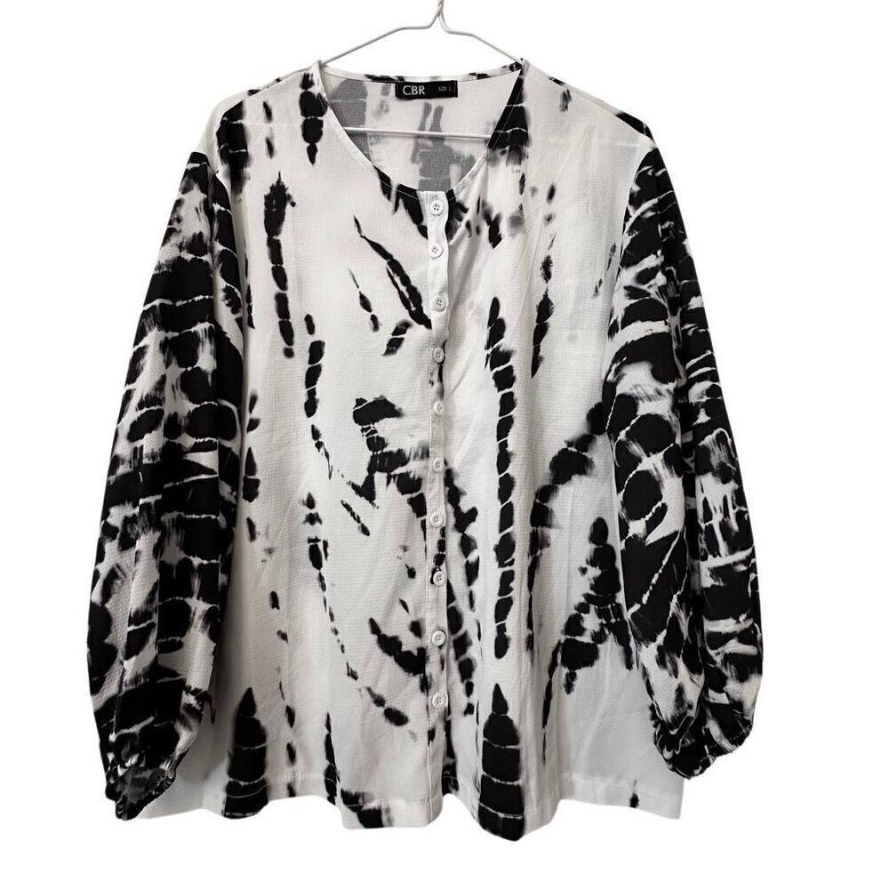 CBR Tie Dye Crew Neck Puff Long Sleeve Button Front Shirt Black White Large